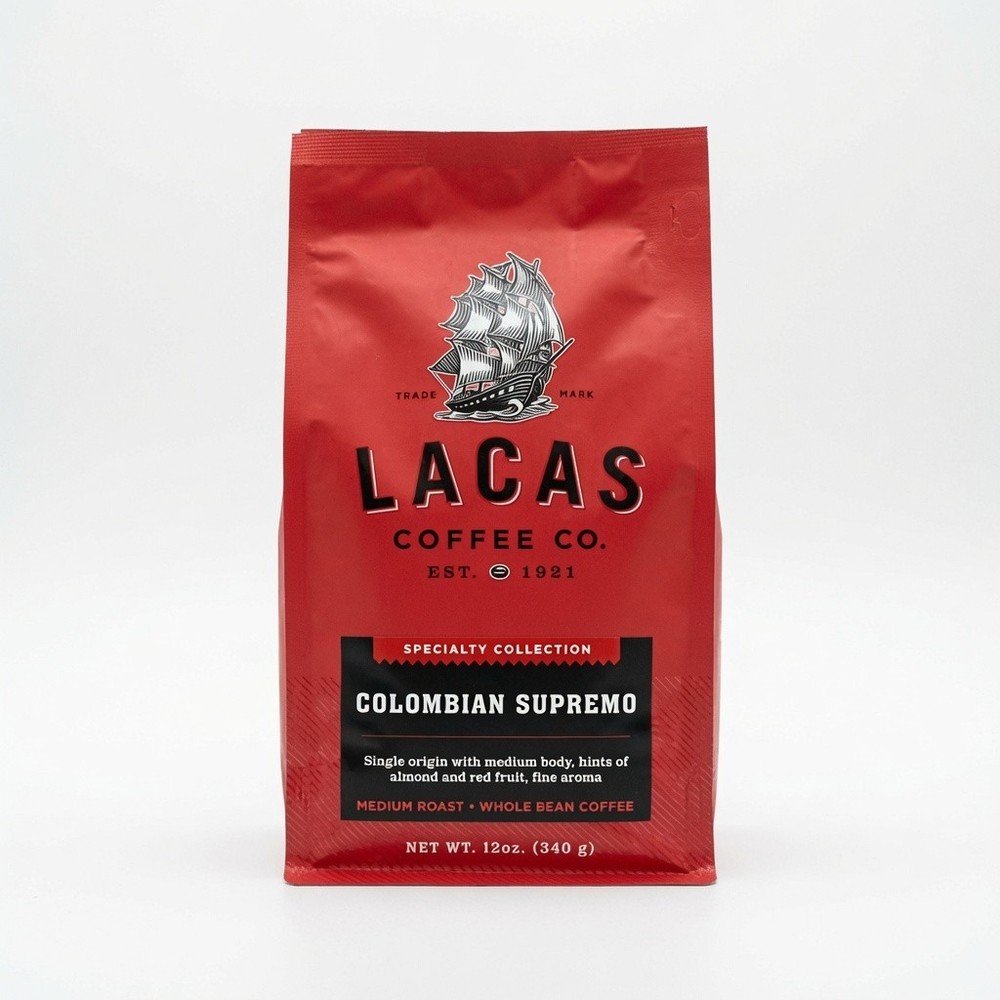 Lacas Colombian Supremo Whole Bean Coffee 12 oz Medium Roast Single Origin