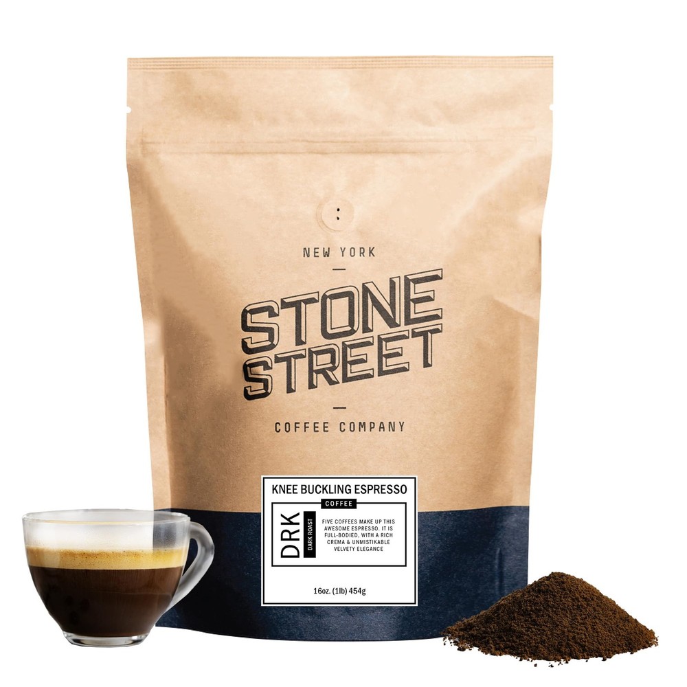 Knee Buckling Espresso Coffee, Ground, High Caffeine Blend, Dark Roast, 1 LB