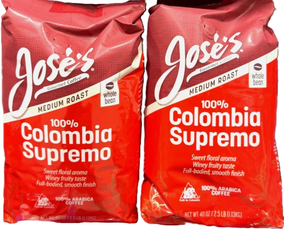 Jose’s 100% Colombia Supremo Whole Bean Coffee, Medium, 2.5 lbs, 2-pack