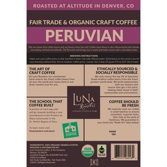 Luna Roasters Medium Roast Organic Peruvian Whole Bean Coffee, 30 Ounce