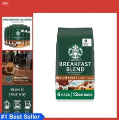 Whole Coffee Beans Medium Roast Breakfast Blend 6 Pack 12 oz Hot or Iced