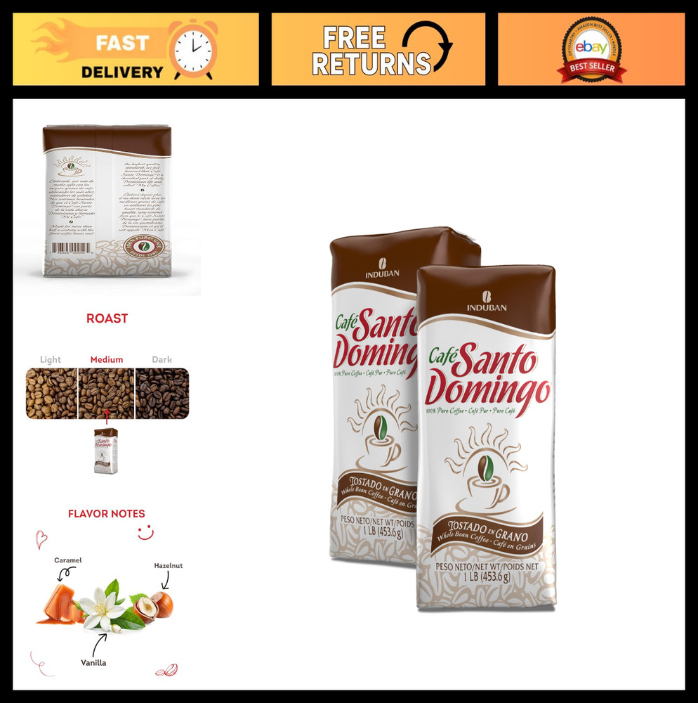 Whole Bean Coffee, Medium Roast, 16 oz Bag – Dominican Republic, Pack of 2