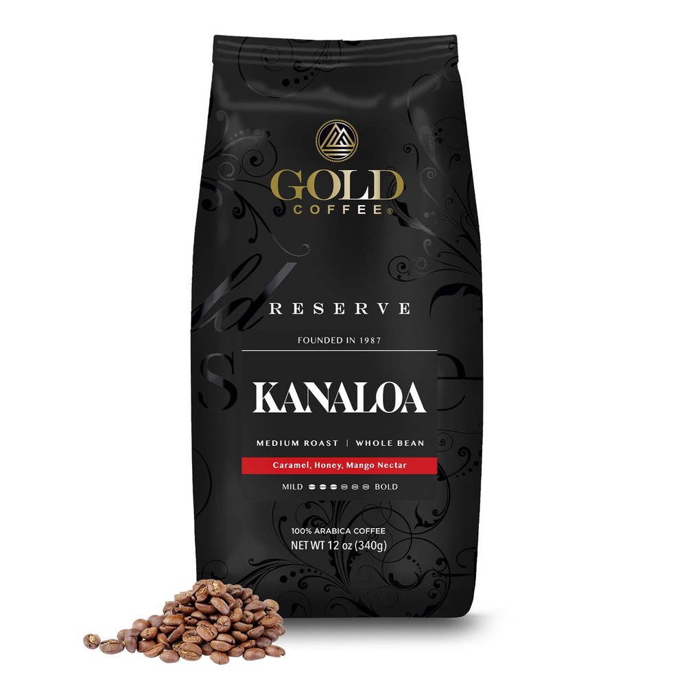 12 Oz Gold Coffee Kanaloa Premium House Blend Medium Roast Whole Bean