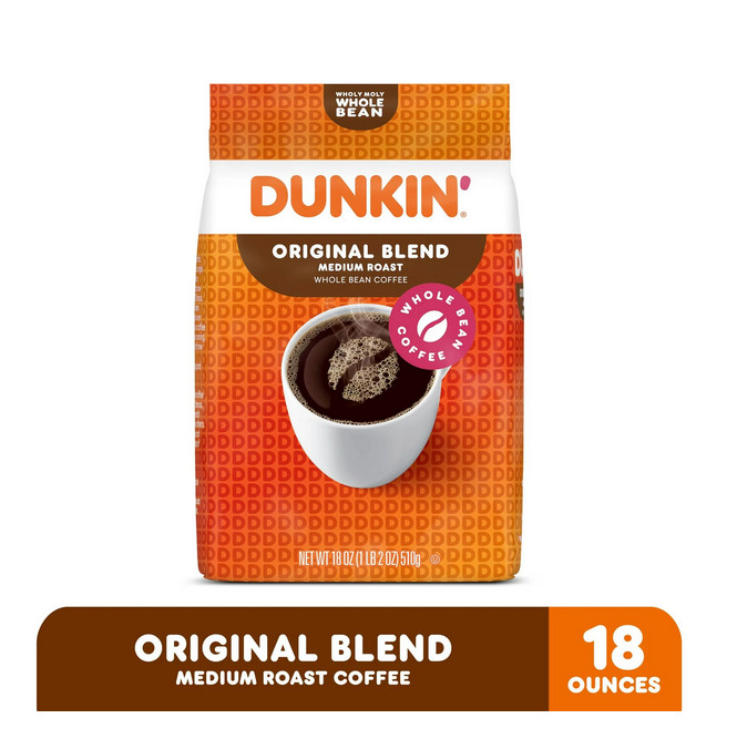 Dunkin’ Original Blend Whole Bean Coffee, Medium Roast, 18 oz Bag