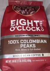 Eight O’Clock 100% Colombian Peaks Medium Roast Whole Bean Coffee,30Oz,Bag 03/27