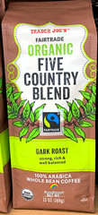 2 x Trader Joe’s Organic Fair Trade Five Country Whole Blend Coffee 13 oz Each