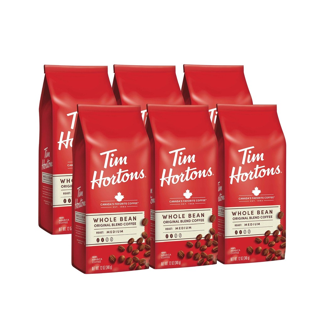 Tim Hortons Whole Bean Original, Medium Roast 12 Ounce (Pack of 6), Red