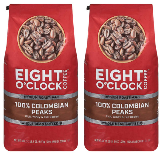 2 pack Eight O’Clock Medium Roast Whole Bean Coffee, 100% Colombian Peaks 38 oz.