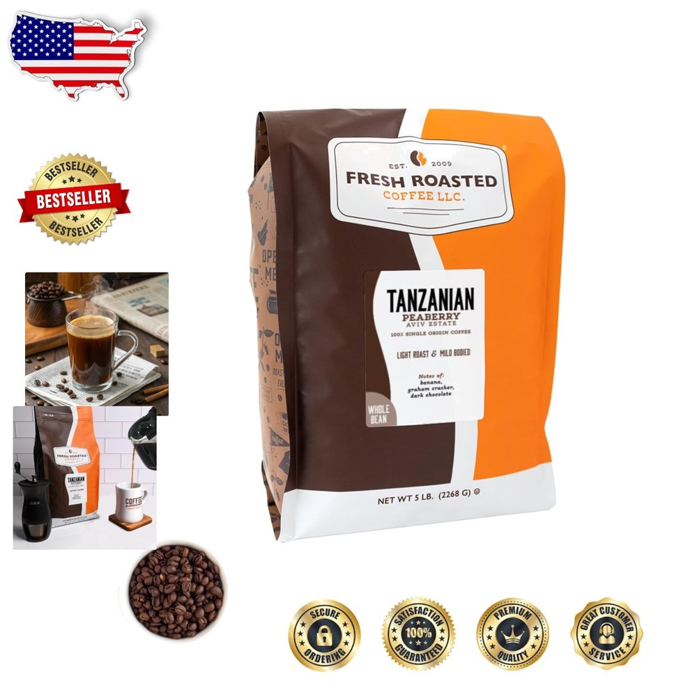 Tanzanian Peaberry Coffee Whole Bean 5lb Light Roast Kosher Sweet Notes Lemon…