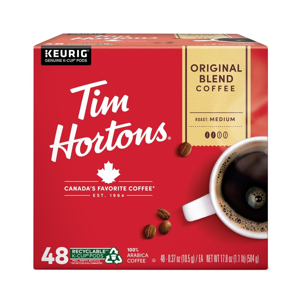 Tim Hortons Medium Roast Coffee Beans 48 Count Original Blend Home Brewing