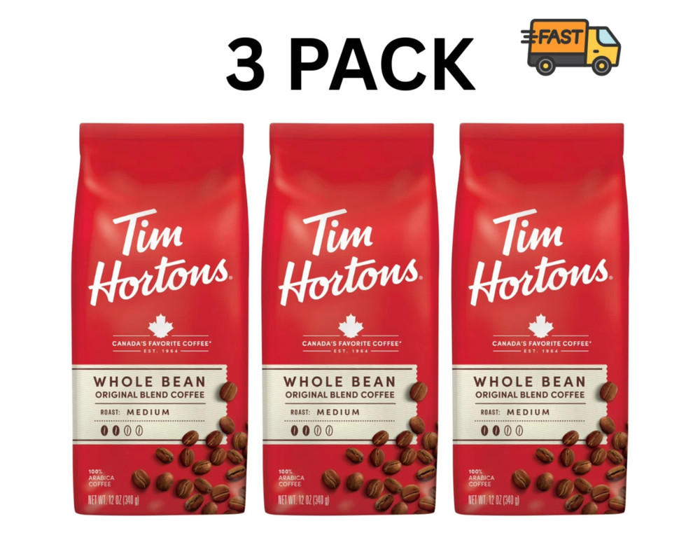 Tim Hortons Medium Roast Coffee Beans Whole Bean 12oz Organic Arabica 3 Pack