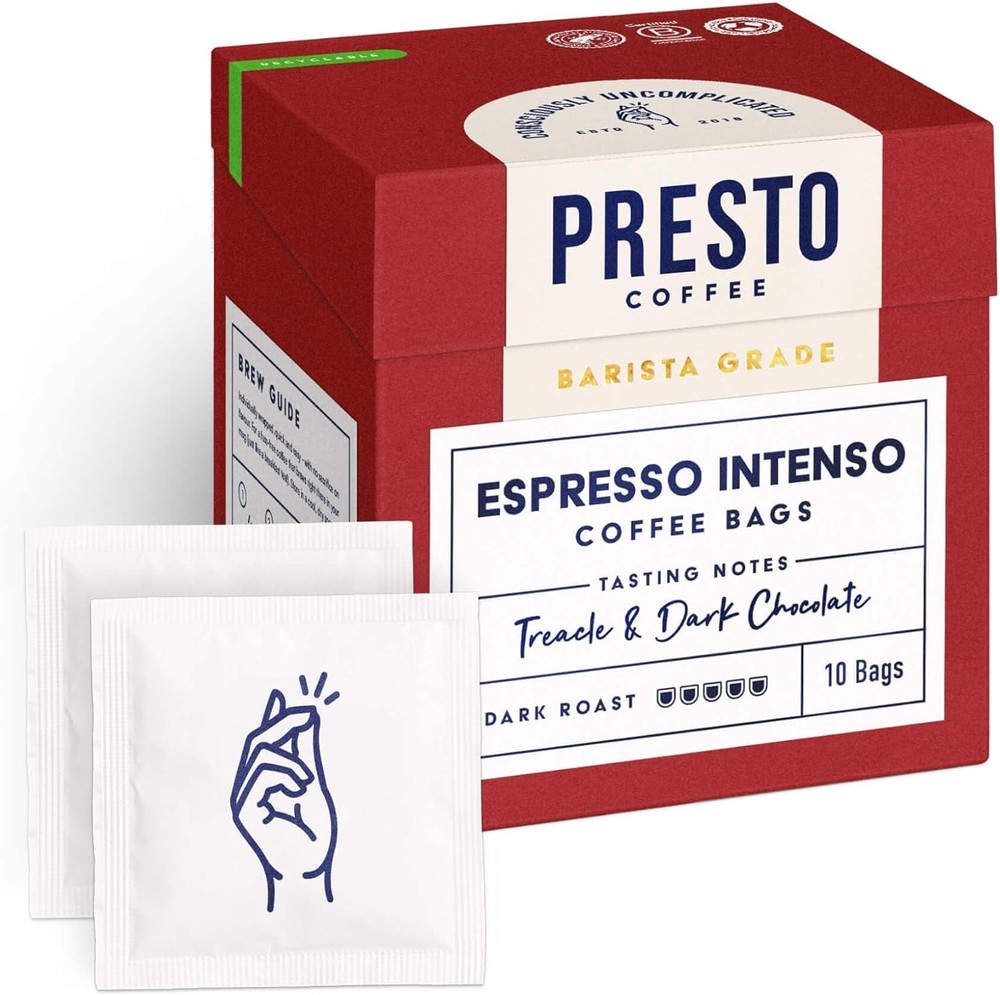 Presto Coffee Espresso Intenso Coffee Bags, 80g – Medium Roast – Convenient