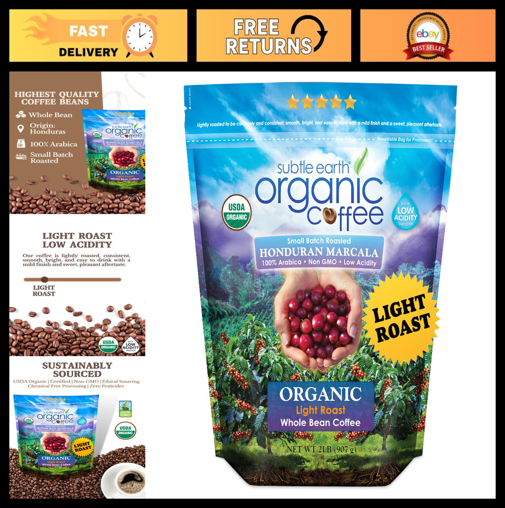 Organic Light Roast Whole Bean Coffee – 2LB 100% Arabica, Low Acidity, Non-GMO