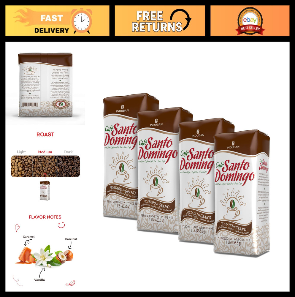 Whole Bean Coffee, Medium Roast, 16 oz Bag – Dominican Republic, Pack of 4