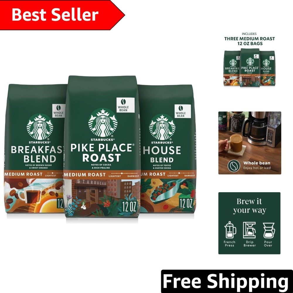 Starbucks Whole Coffee Beans Variety Pack – Medium Roast Bliss (3 x 12oz)