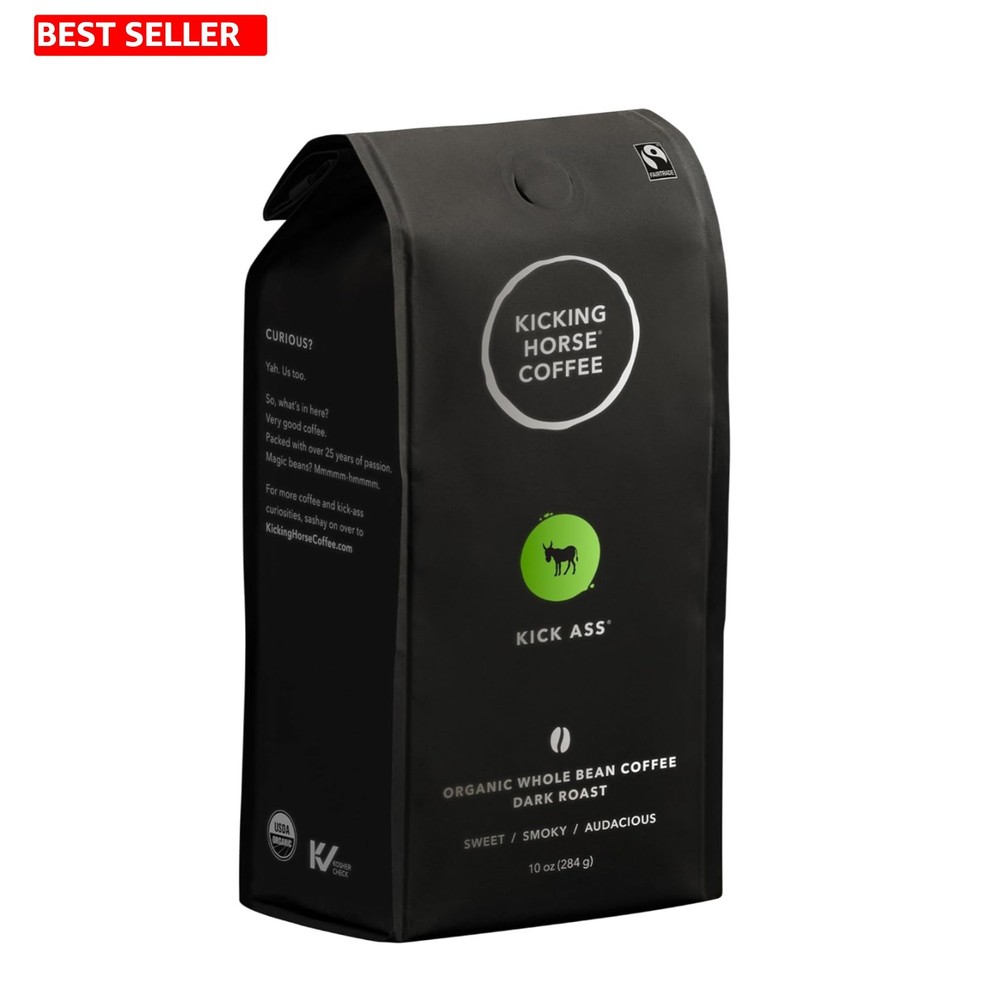 Kick Ass Dark Roast Whole Bean Coffee, 10 Oz – Organic & Kosher Certified