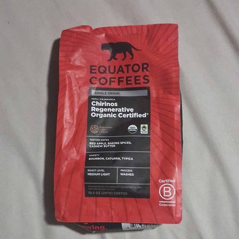 Equator Coffees Chirinos Single Origin Peru Cajamarca Organic Whole Bean 10.5oz