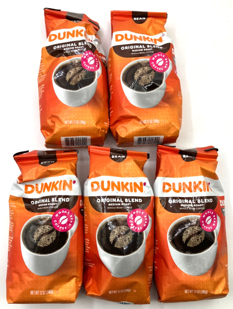 5 Pack Dunkin’ Original Blend Medium Roast Whole Bean Coffee 12 oz BB 12/07/2026