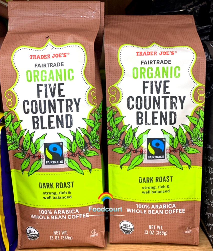 2 x Trader Joe’s Organic Fair Trade Five Country Whole Blend Coffee 13 oz Each