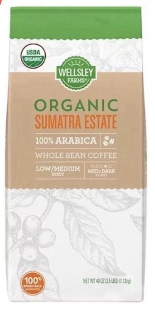 Wellsley Farms Organic Sumatra Estate Whole Bean Coffee, 40 oz