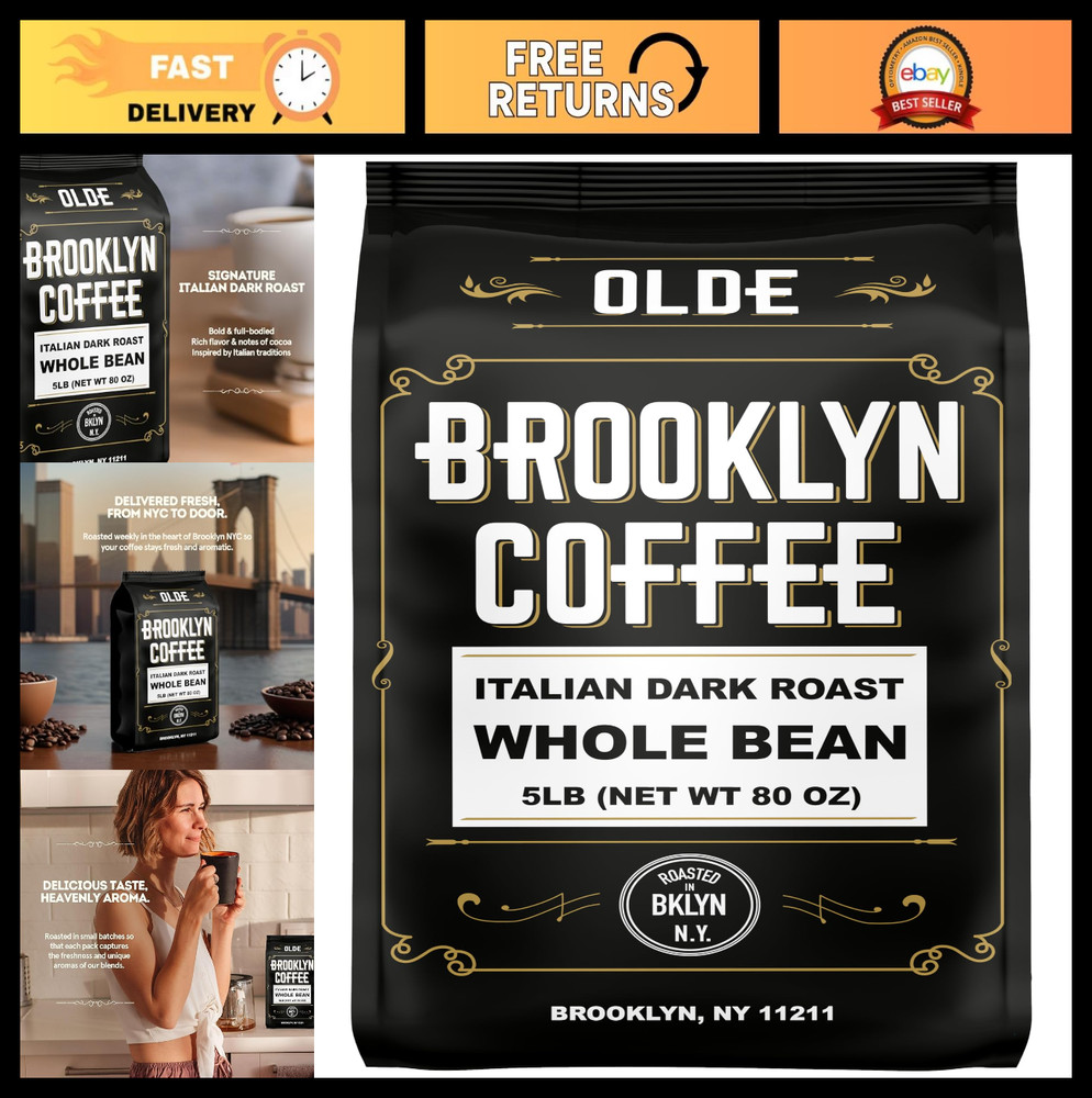 Whole Bean Italian Dark Roast Coffee (5lb) – Extra Strong, Fresh, Rich Aroma