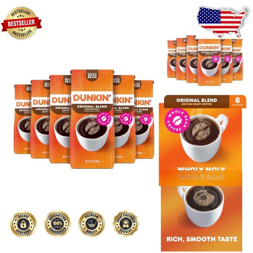 Fresh Dunkin’ Blend Whole Bean Coffee 6 Bags 12oz Each Caffeinated
