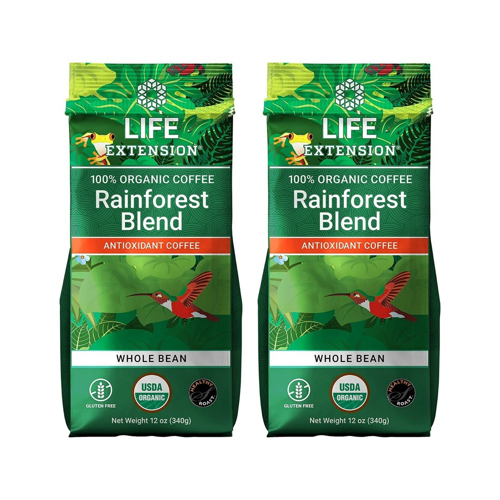 Life Extension Rainforest Blend Whole Bean Coffee Organic 12 Ounces 2 Pack