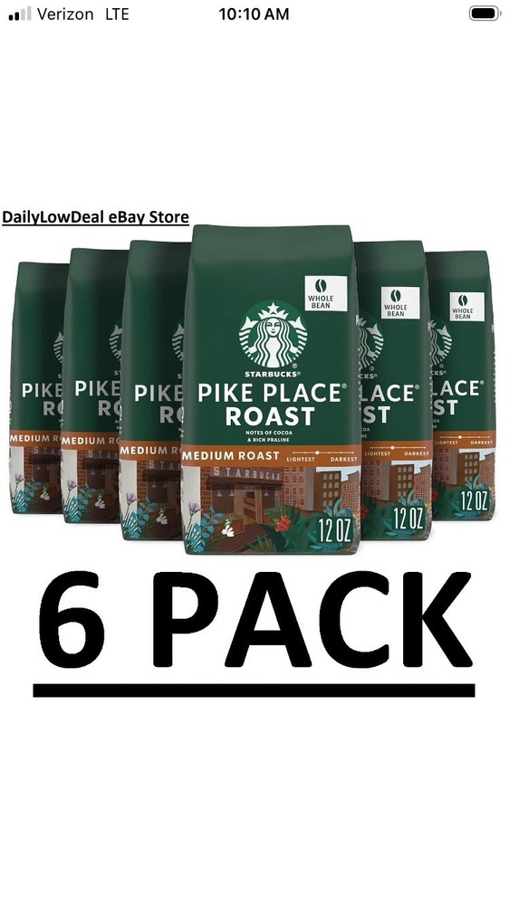 6 PACK – Starbucks PIKE PLACE Medium Roast WHOLE BEAN Coffee 12 oz (Total 72 oz)