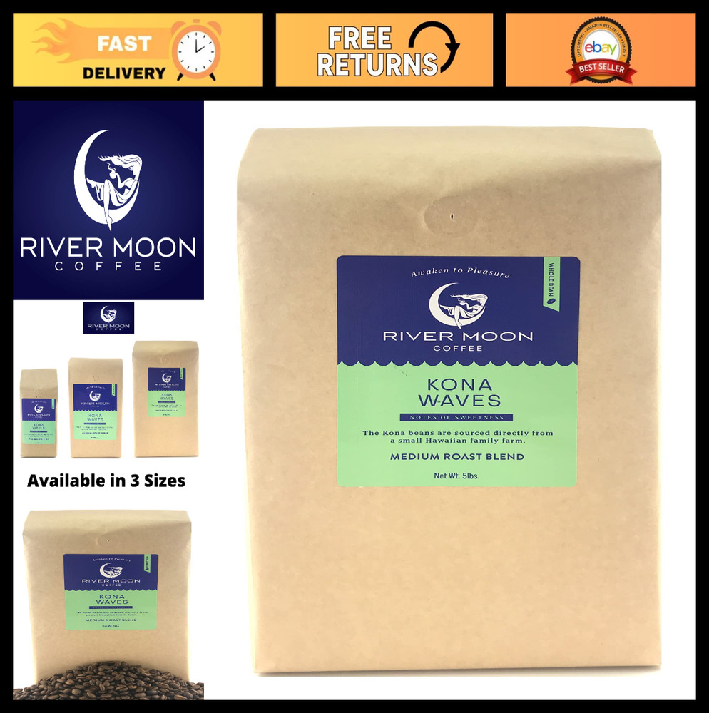 Kona Coffee Whole Bean 5 lbs – Medium Roast Hawaiian Blend, 100% Arabica, Sustai