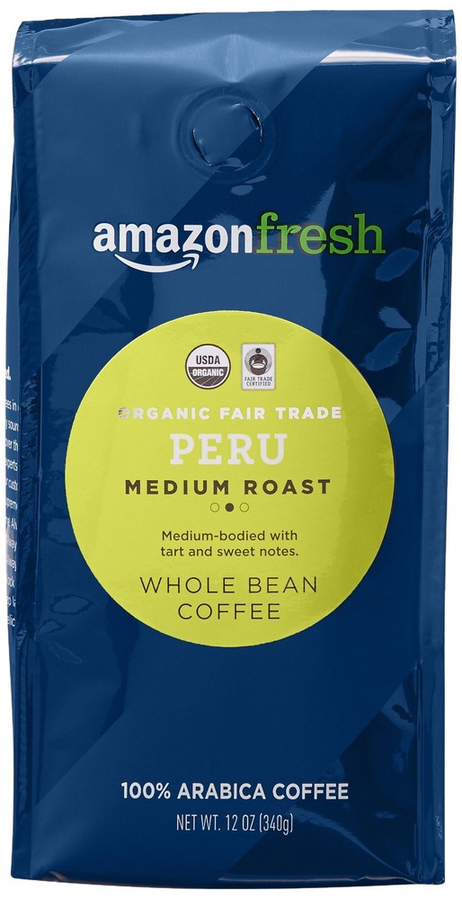 Amazon Fresh, Organic Fair Trade Peru Whole Bean Coffee, 12 Ounce (Pack of 1)