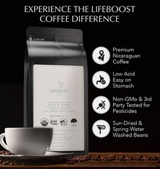 Lifeboost Half Caff Medium Roast Whole Bean Coffee Low Acid Organic Coffee, …