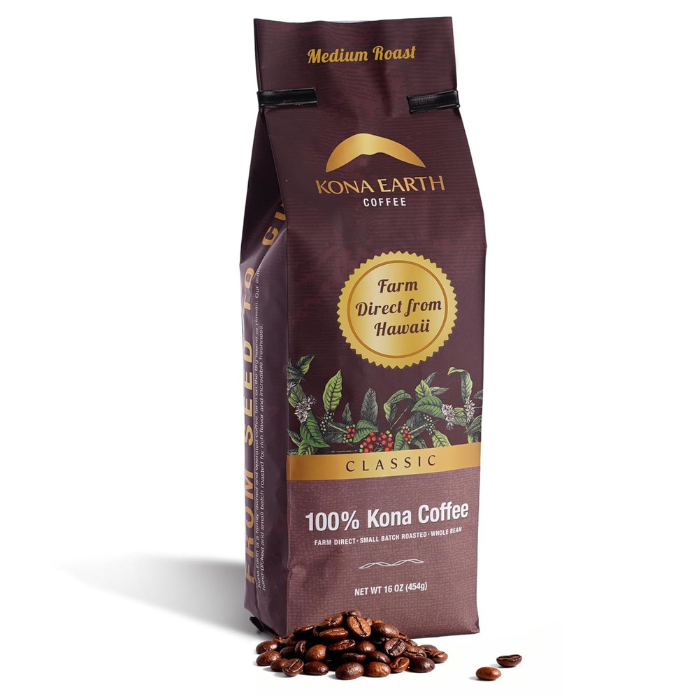 100% Kona Coffee, Medium Roast, Whole Bean, 1 Lb, Hawaiian Authentic