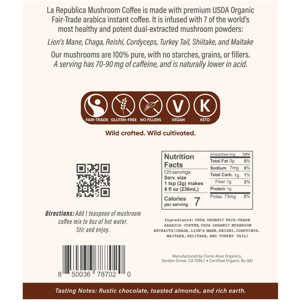 La Republica Organic Instant Mushroom Coffee, 120 Servings