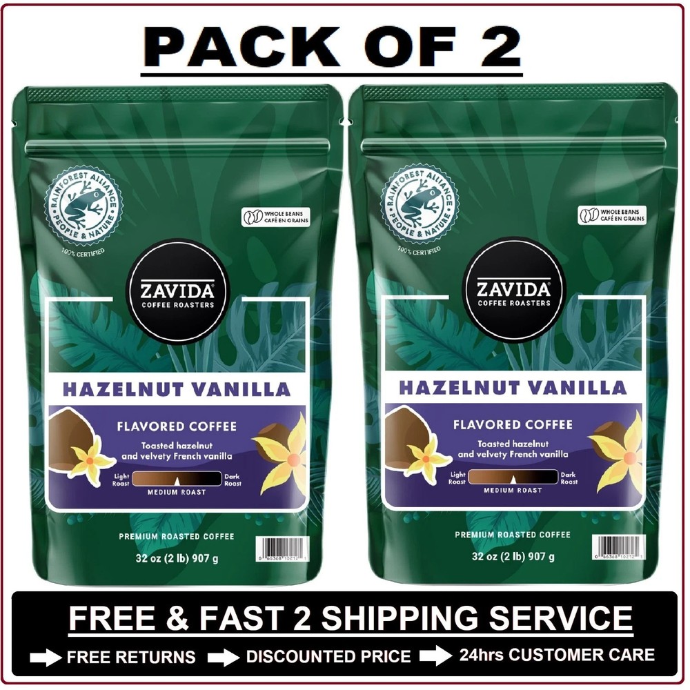 2 Pack – Zavida Coffee Whole Bean Coffee, Hazelnut Vanilla, 32 oz.