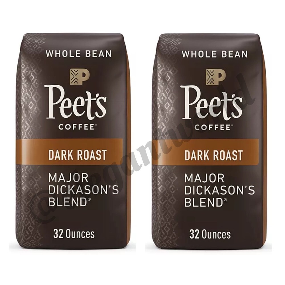 2 Packs Peet’s Coffee Major Dickason’s Blend DARK ROAST, Whole Bean, 32 oz. each