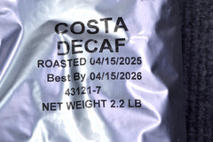 Decaf Bulk Whole Coffee Beans Costa Foil Sealed Vented 2.2 lb Bag BB 04/15/2026
