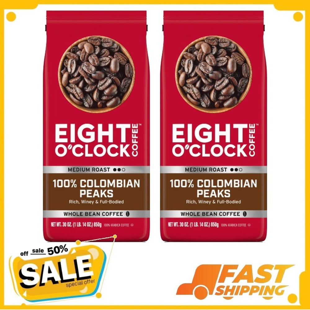 2P Eight O’Clock Coffee Medium Roast Whole Bean 100% Colombian Peaks Coffee 30oz