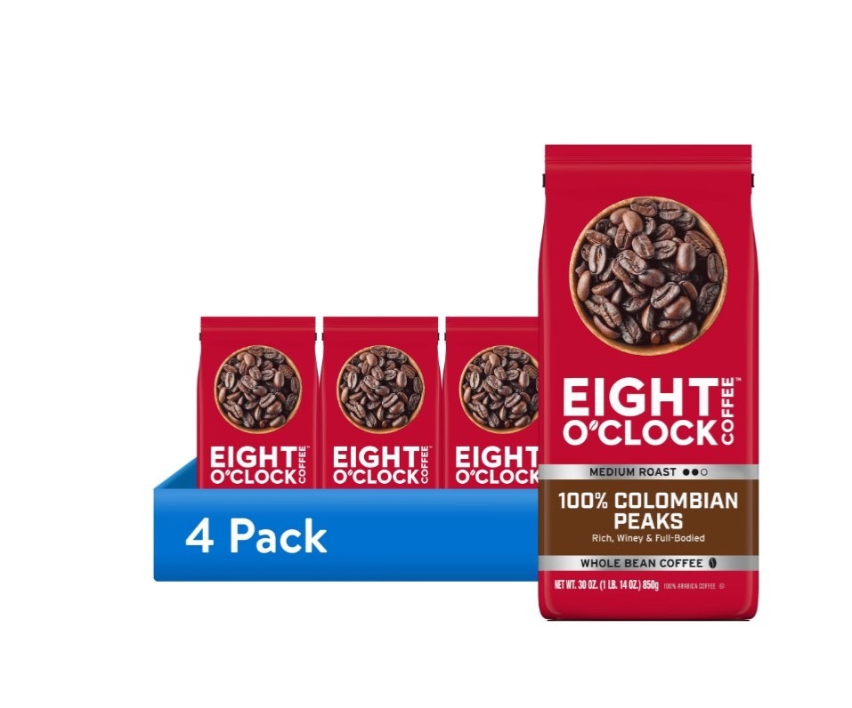 (4 pack) Eight O’Clock Coffee Medium Roast Whole Bean 100% Colombian Peaks Coffe