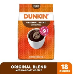 Dunkin Original Blend Medium Roast Whole Bean Coffee 18 oz Bag