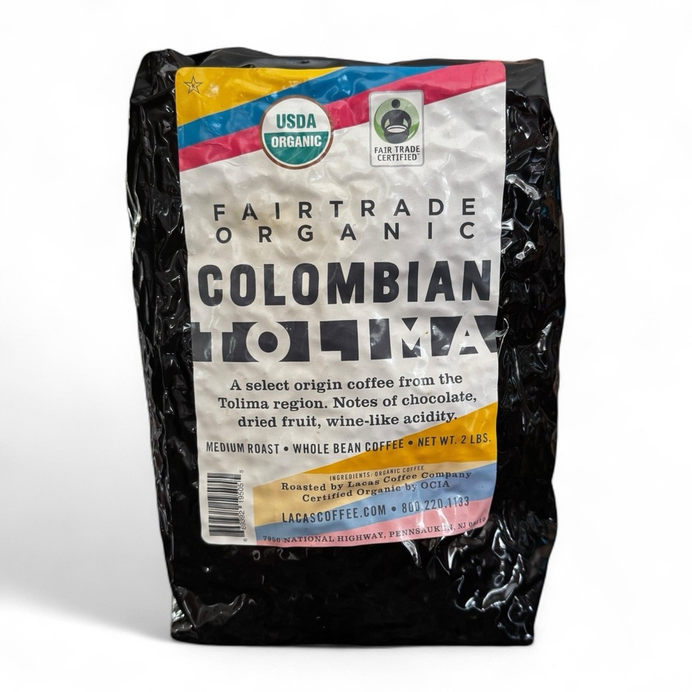 Lacas Coffee Fair Trade Organic Colombian Tolima Whole Bean Coffee 2 lb Sealed