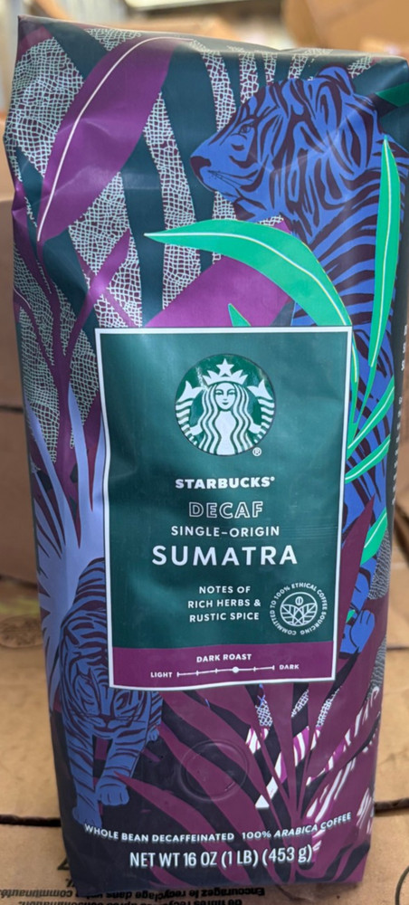 2x 16oz Starbucks DECAF Sumatra Dark Roast Whole Bean Coffee Best By 03/31/26