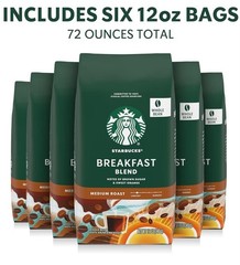 Starbucks Breakfast Blend Whole Bean Coffee Beans Medium Roast 6 Pack 72 oz