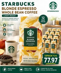 Starbucks Blonde Espresso Whole Bean Coffee 1lb 16oz 453g Bag Light Roast 12pack