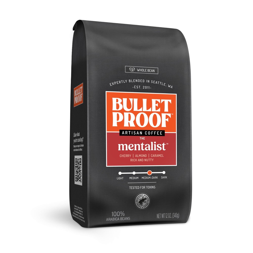 Bulletproof The Mentalist Medium-Dark Roast Whole Bean Coffee, 12 Ounces, Cle…