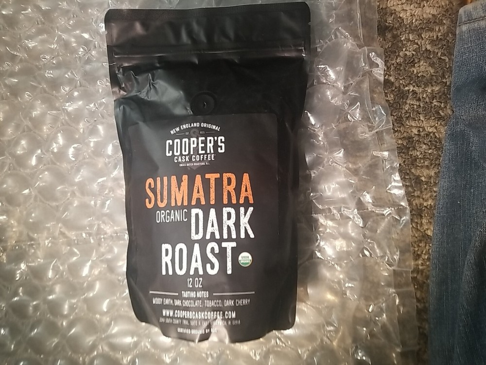 Coopers Cask Cofee Sumatra Organic Dark Roast 12 Oz